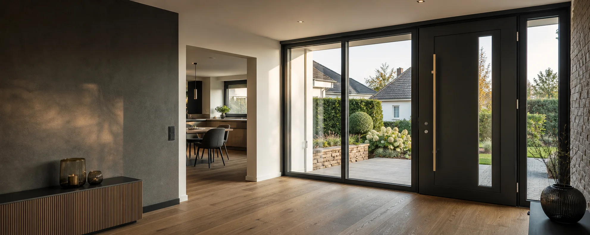 Modern renovierter Wohnraum mit großen Fenstern und Türen